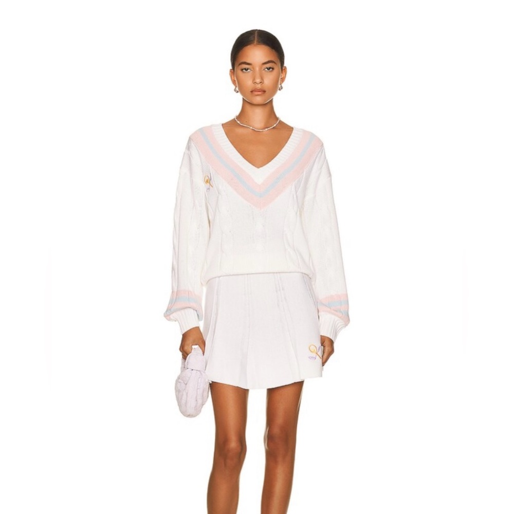 LOVESHACKFANCY Malaine V Neck Sweater in Tennis Whites Size S